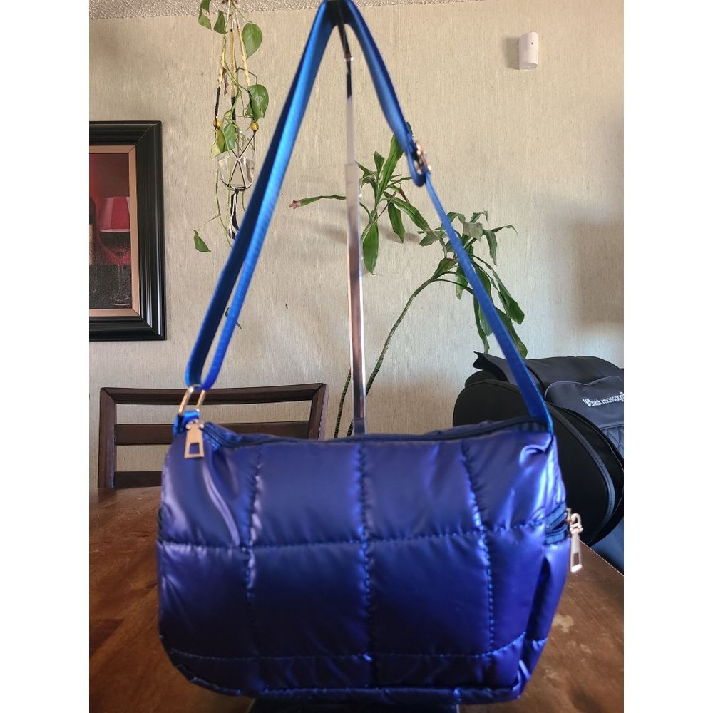 Metallic Royal Blue Puffer Quilted Crossbody Adjustable Bag Purse
